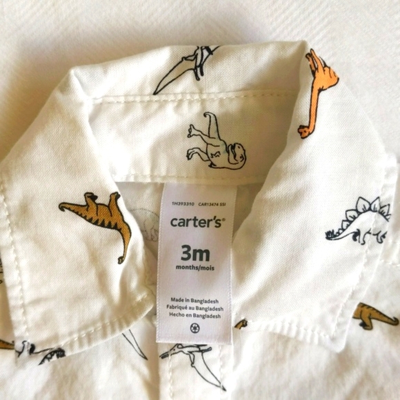 carter's off-white dinosaur print collared button down shirt 3 months baby - Picture 2 of 5
